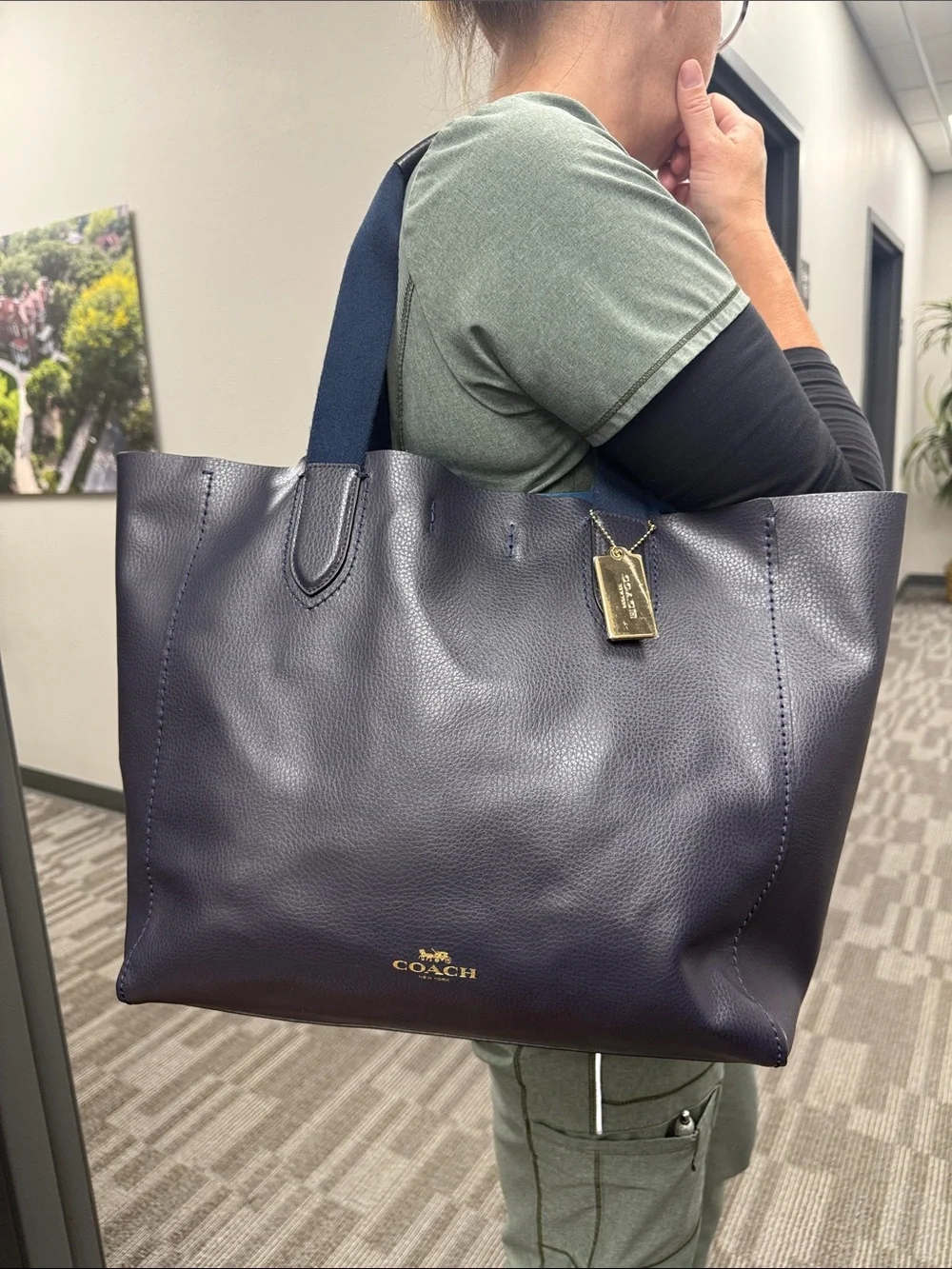 Coach Dark Navy Large Leather Derby Tote with Blue Webbed Handles- NWOT
